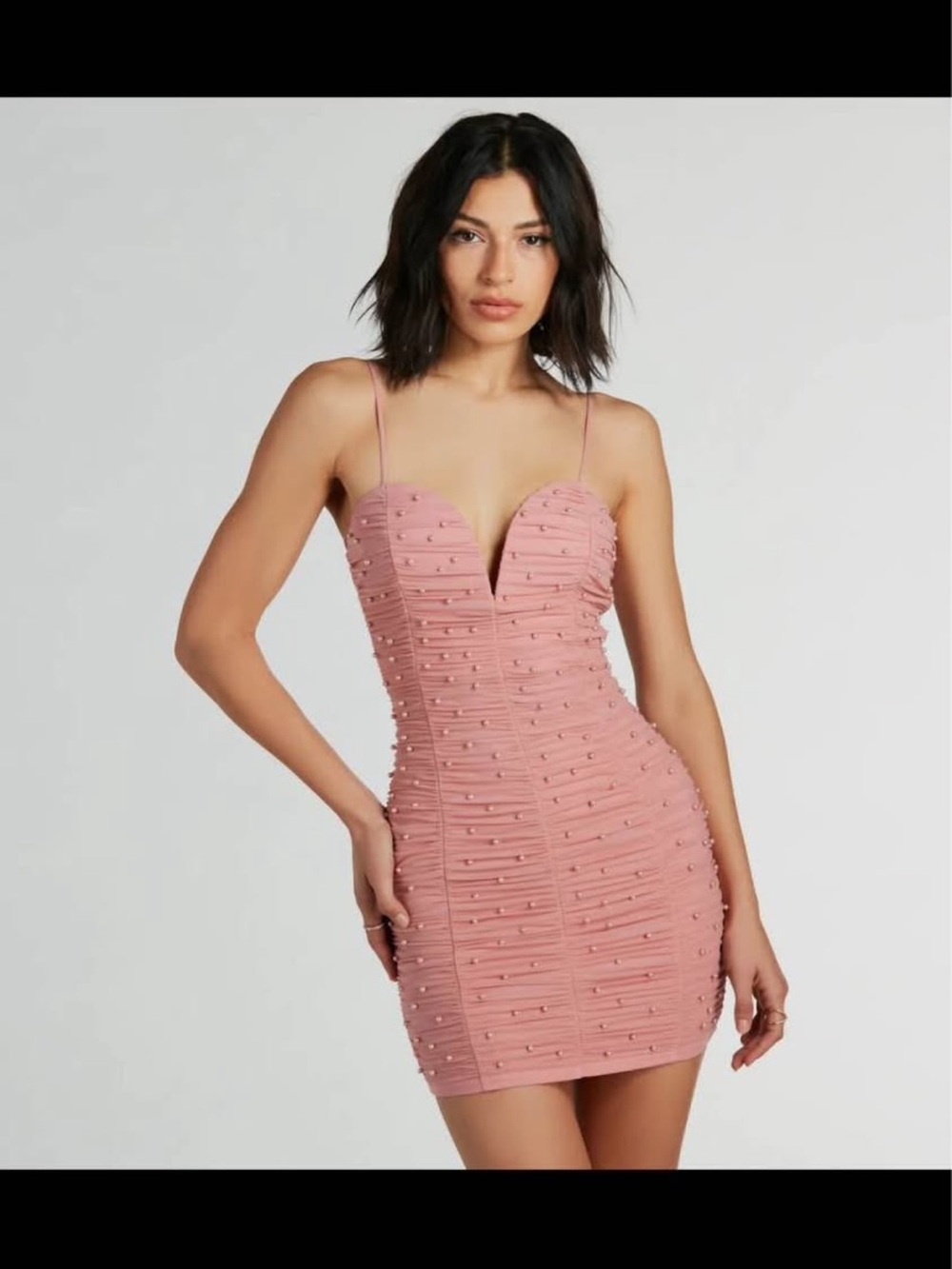 Windsor Pink Pearl-Studded Ruched Mini Dress